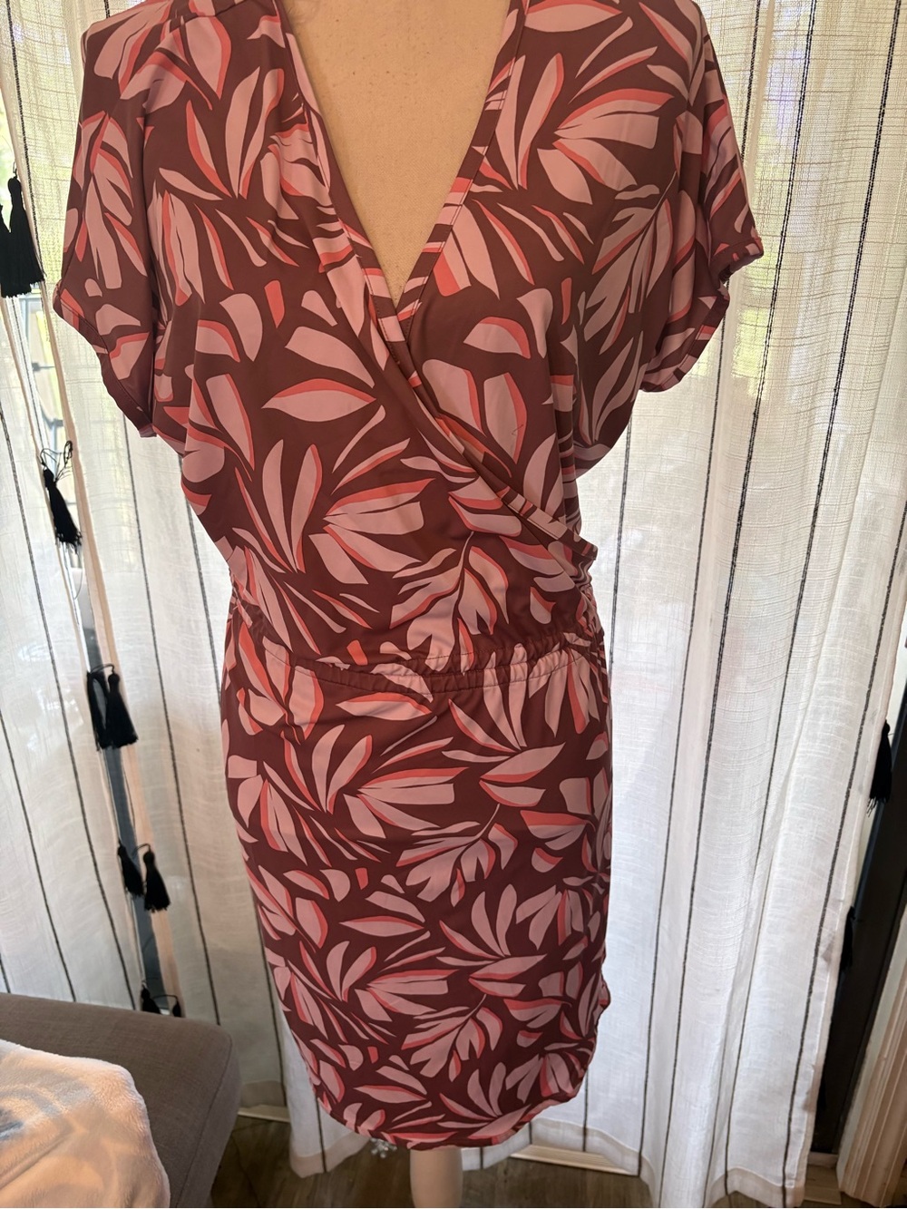 Rust-Pink Leaf Print Wrap Midi Dress